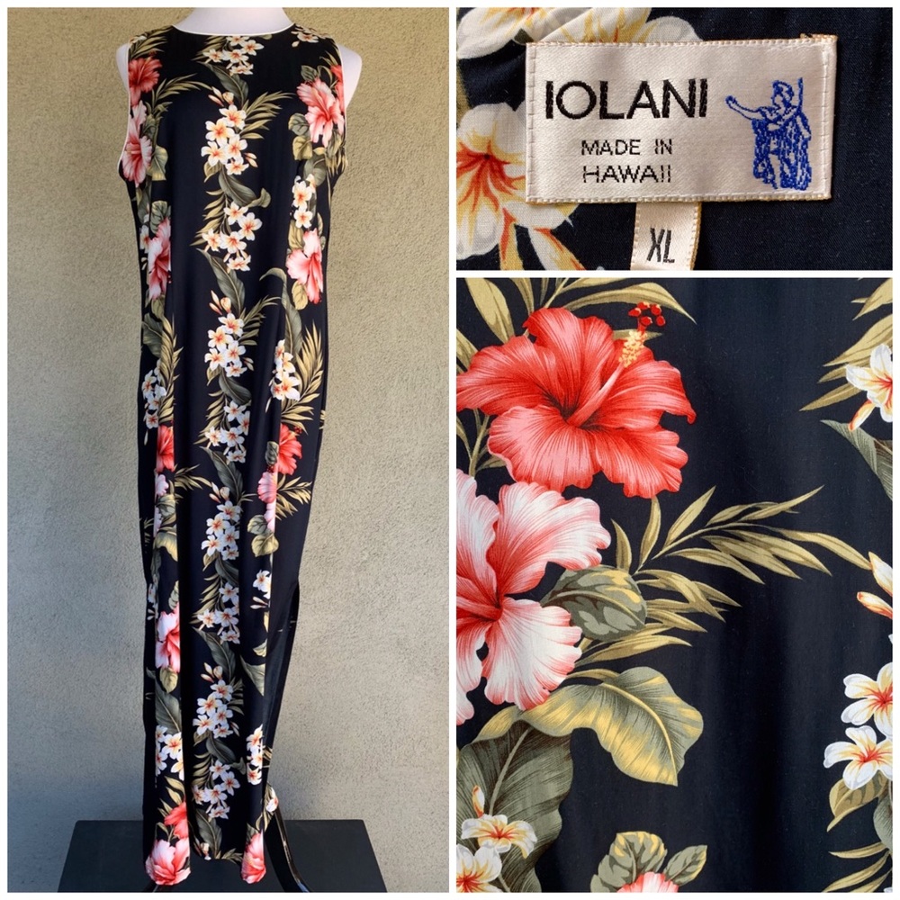 🌺 Ionani Hawaiian Vintage Rayon Dress Black Hibiscus